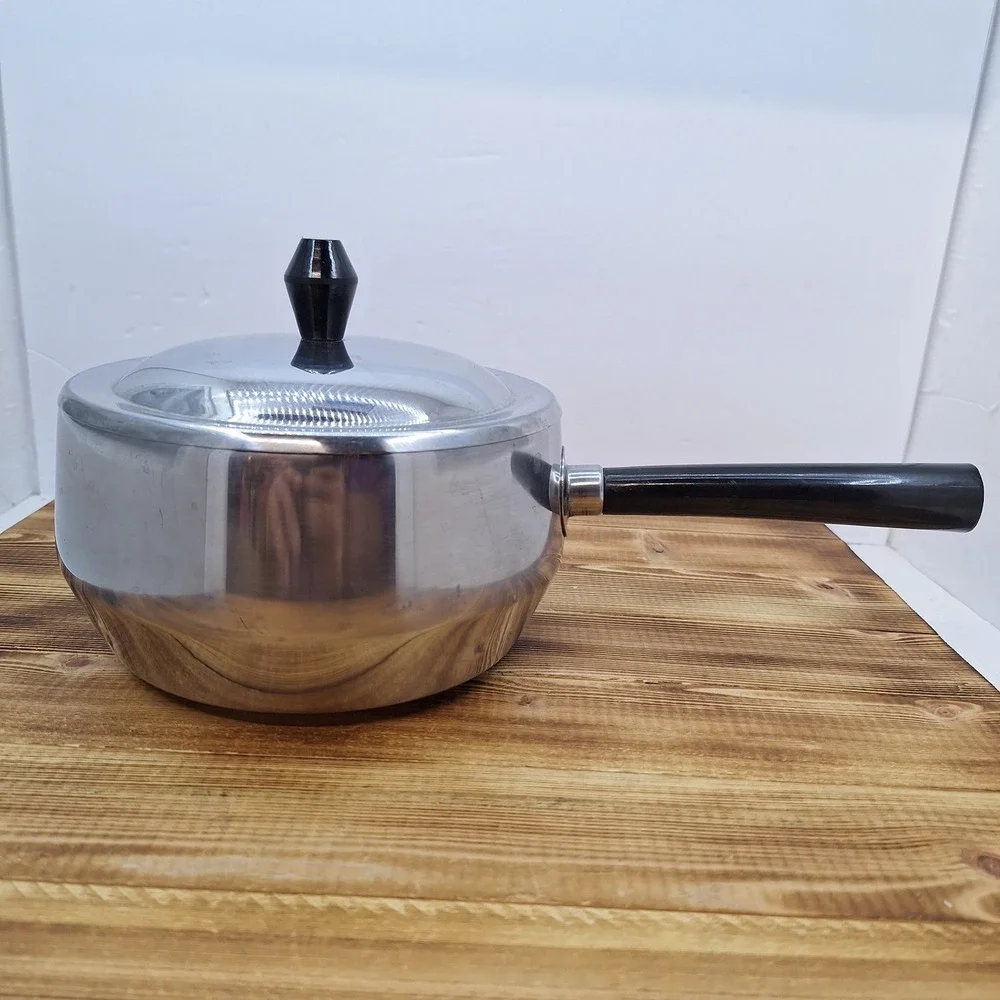 Vintage Japan Stainless Steel Fondue‎ Pot Black Handle w/lid